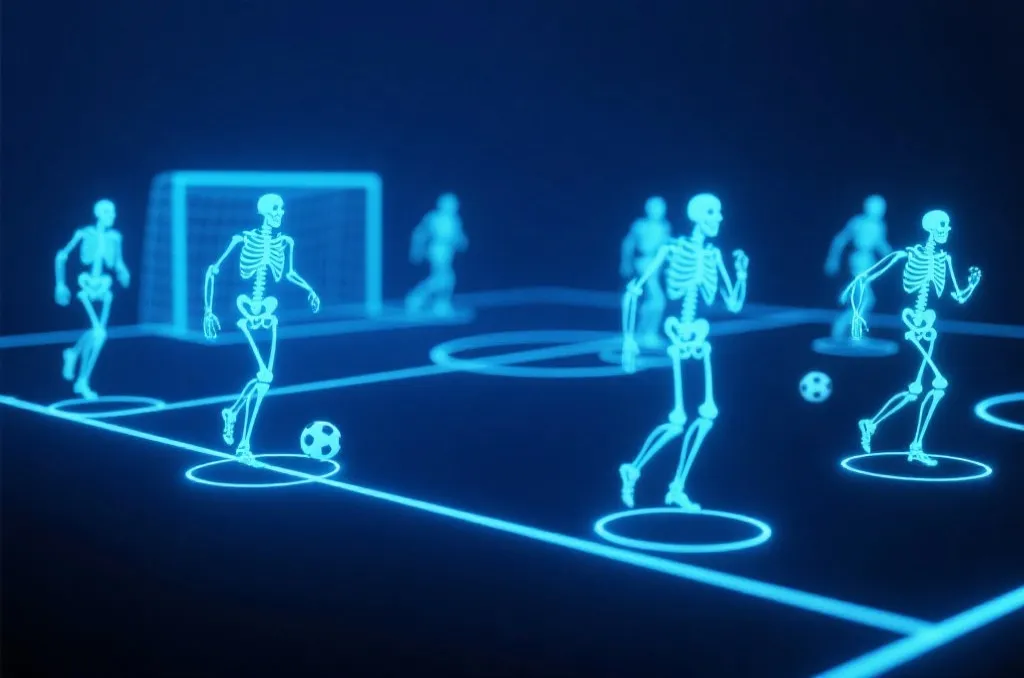 Abstract 3D digital rendering of soccer players represented by glowing skeletal tracking lines on a dark blue virtual field, technology concept, no logos, editorial style