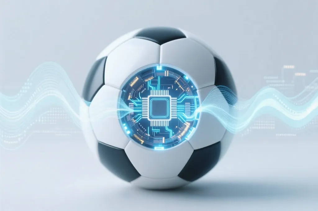 A generic soccer ball cutaway revealing a glowing central microchip with abstract data waves radiating outward, clean high-tech background, no logos, editorial style